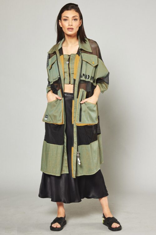 Olive Green Opened Jacket Midi Dress HAND MADE