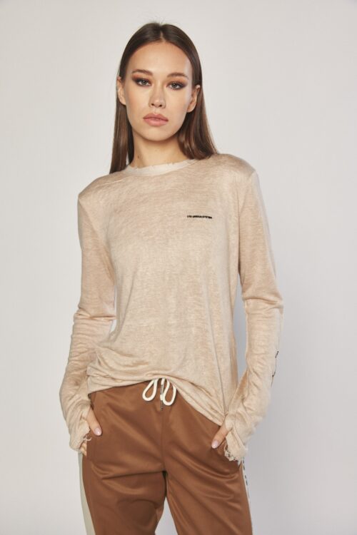 Beige Long Sleeves Basic Destroyed Top URBAN