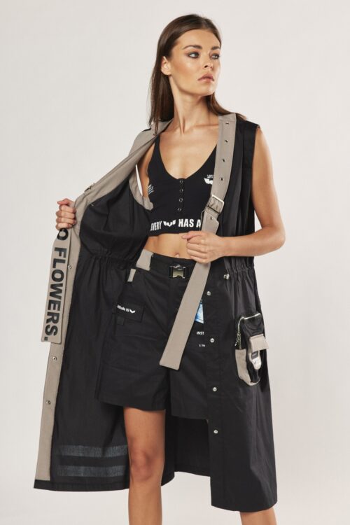 Black Midi Jacket Dress And Bermuda Pants Set FLOWERS 