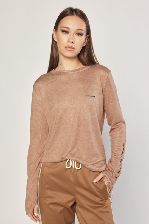 Brown Long Sleeves Basic Destroyed Top URBAN