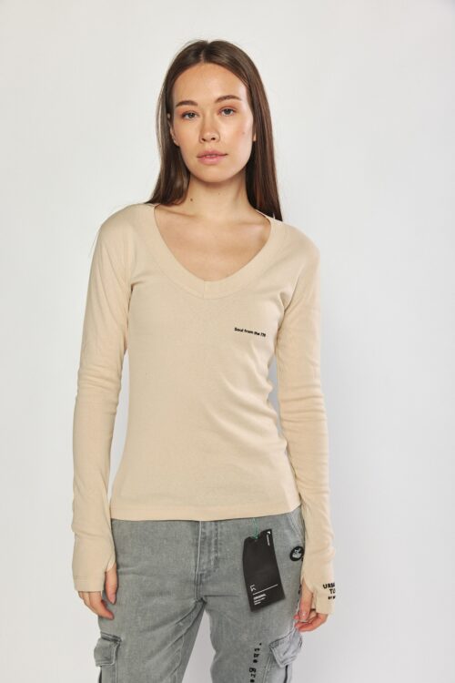 Beige Long Sleeves Basic Cotton Top SOUL