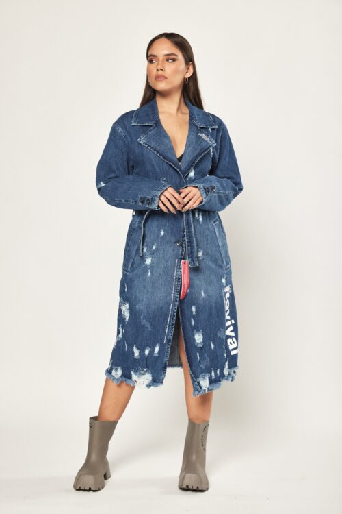 Blue Denim Destroyed  Style Midi Dress Jacket  REVIVAL