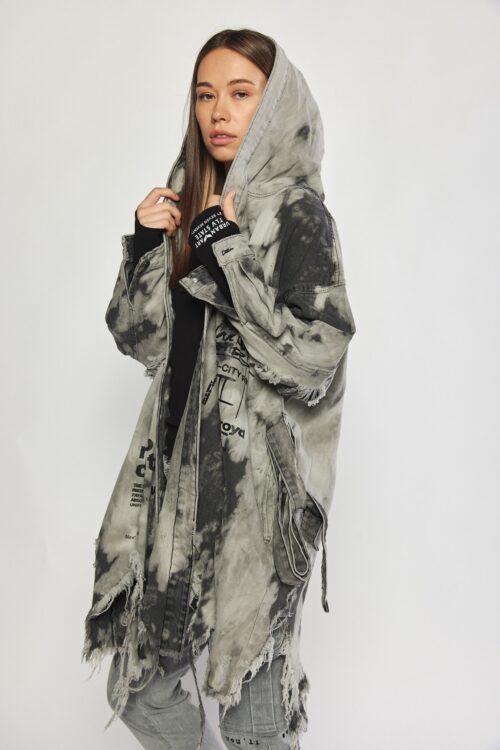 Gray Tie Dye Denim Destroyed  Style Midi Dress Jacket  RETRO