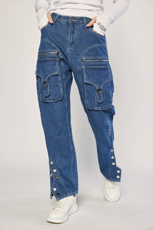 Designed Washed Blue Cargo Denim Pants  LAND