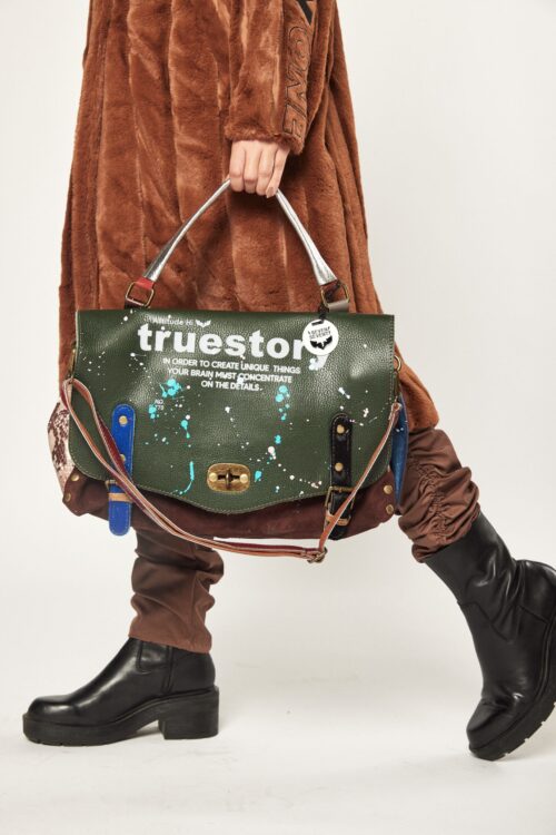 Hand Made Big Olive Green And Brown  Multicolor Leather Hand Bag  TRUESTORY