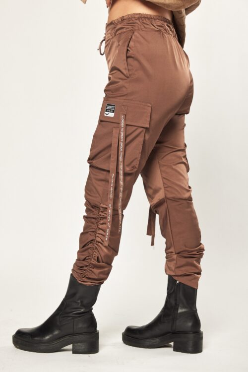 Designed Brown Satin Cargo Jogger Pants  ORDER