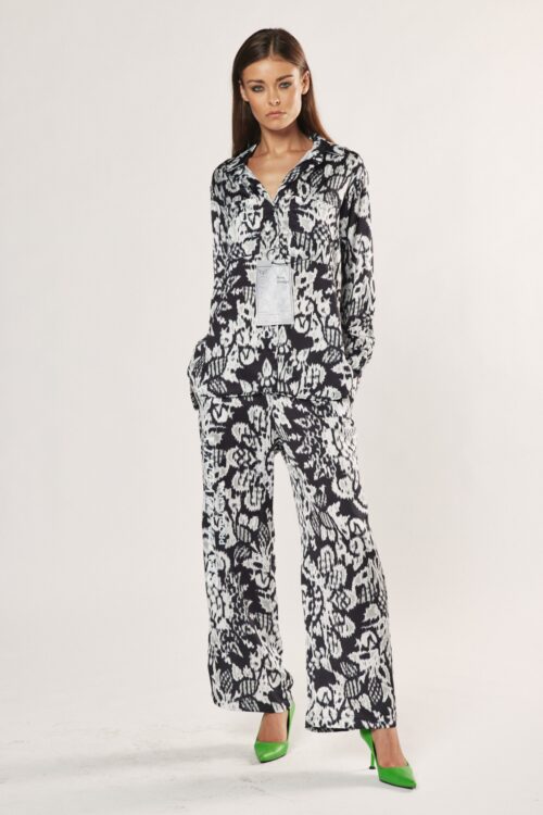 Two Piece Black And White Satin Long Set  HAND MADE