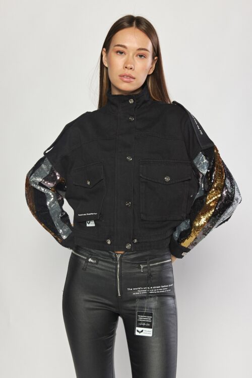 Black Denim  With Sequins Sleeves  Jacket  SOUL