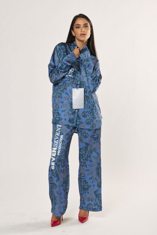 Two Piece Blue Colors Floral Satin Long Set  HAND MADE