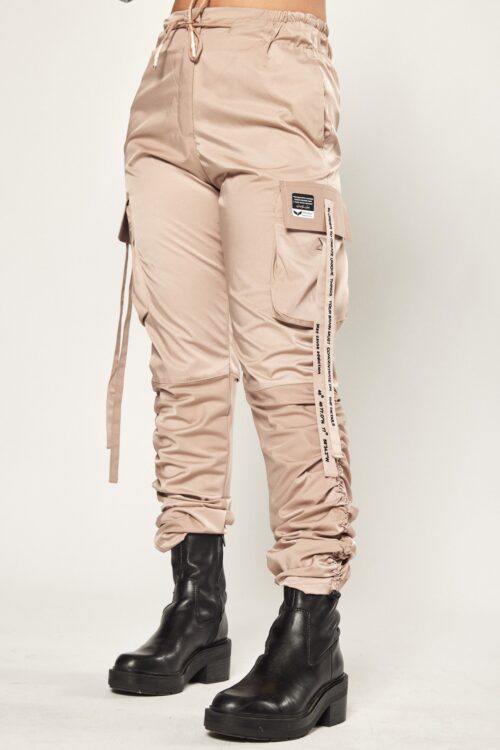 Designed Beige Satin Cargo Jogger Pants  ORDER