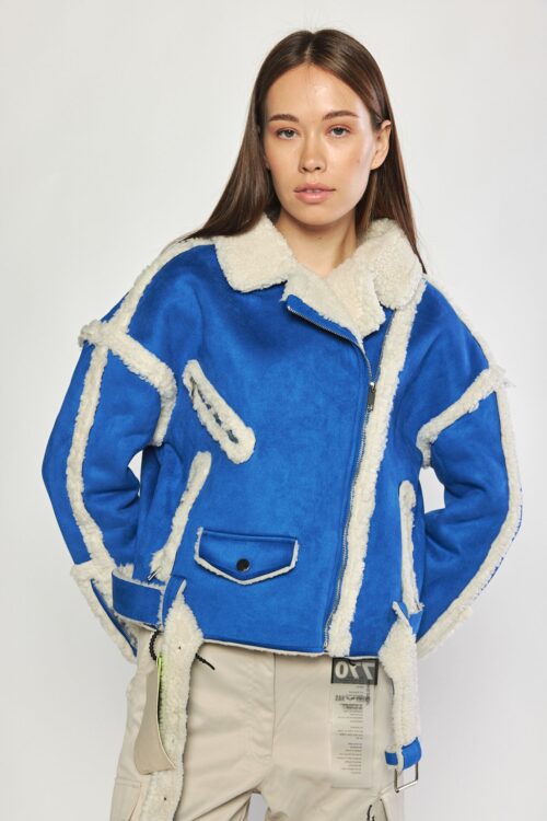  Designed Suede and Faux Fur Blue And Beige Coat  INVENTION