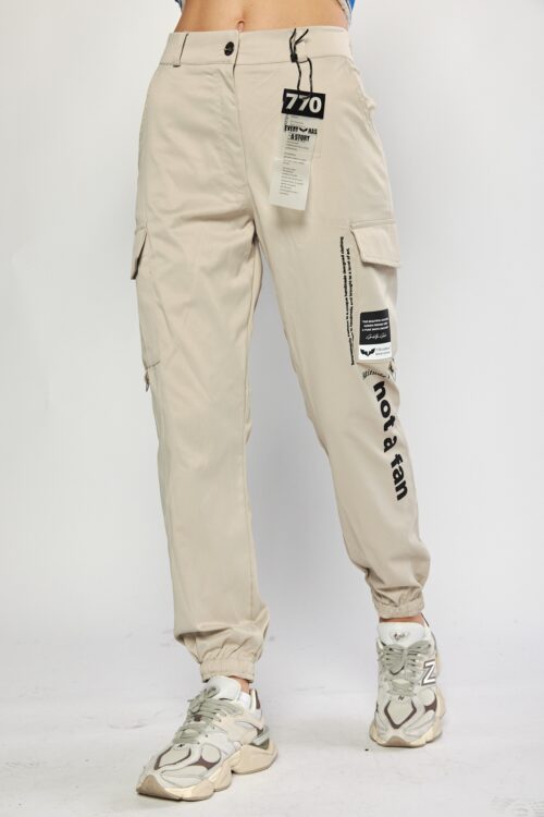 Designed Beige Satin Cargo Jogger Pants  FAN