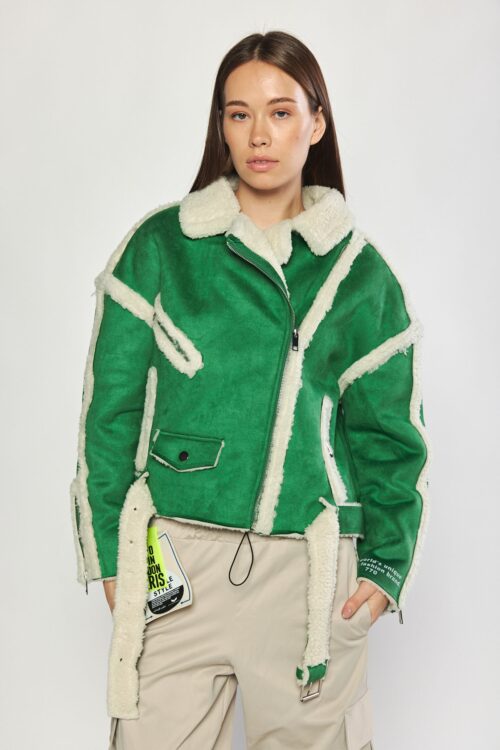 Designed Suede and Faux Fur Green And Beige Coat  INVENTION