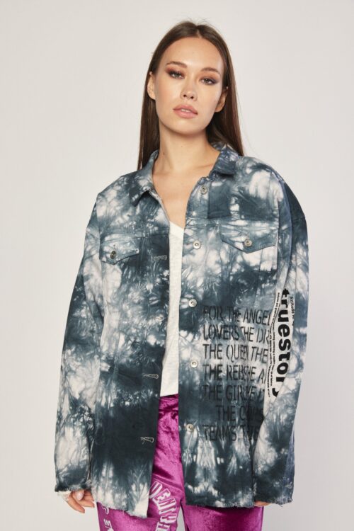 Gray Tie Dye Denim Destroyed  Style Midi Dress Jacket  RETRO