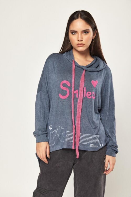 Blue Hooded  Long Sleeves Knit Top SMILE