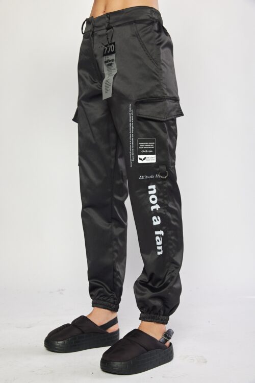 Designed Black Satin Cargo Jogger Pants  FAN