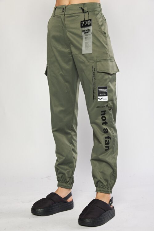 Designed Olive Green Satin Cargo Jogger Pants  FAN
