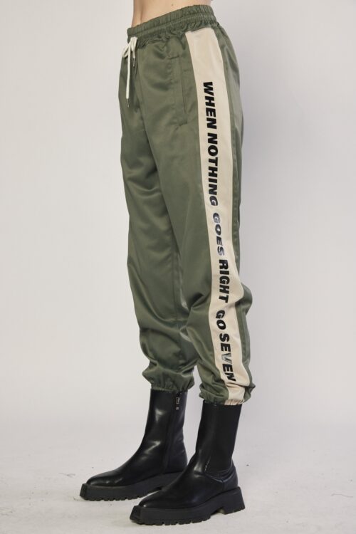 Designed Olive Green  And Beige  Cotton Satin  Jogger Pants  NOTHING