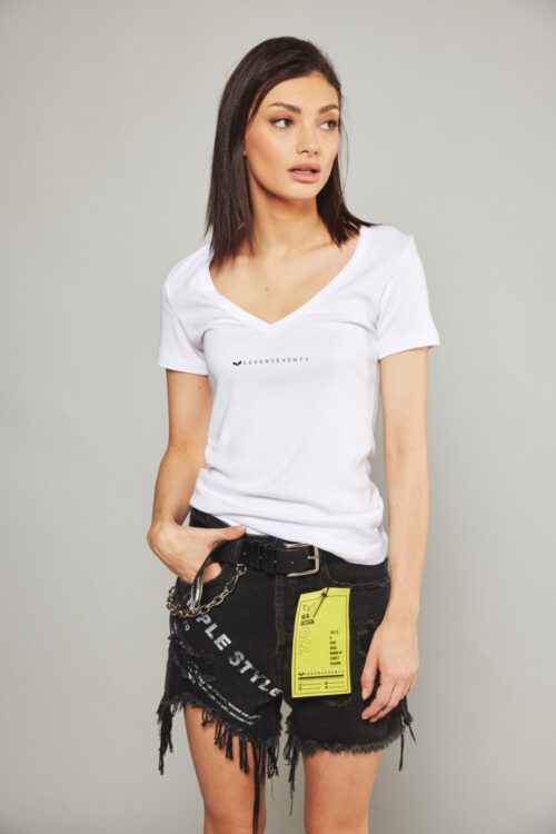 White Designed Basic  T Shirt  SEVEN