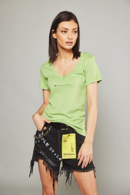 Light Green Designed Basic  T Shirt  SEVEN