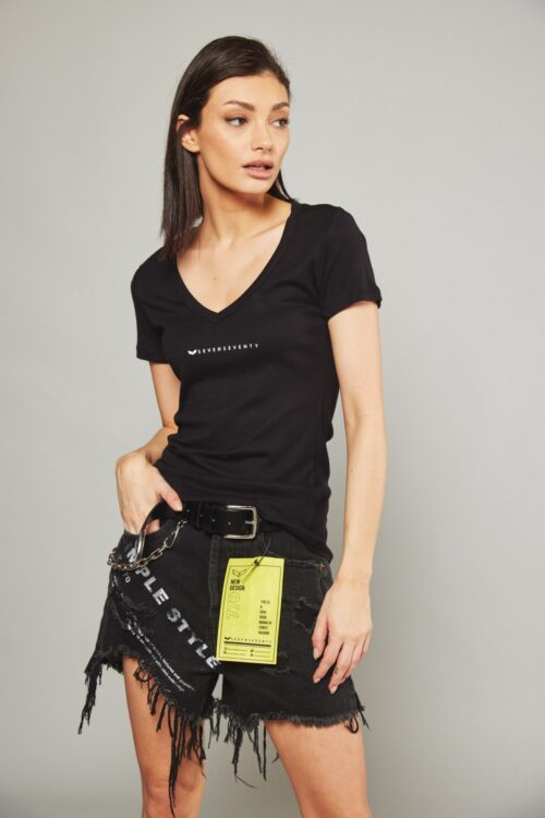 Black  Designed Basic  T Shirt  SEVEN