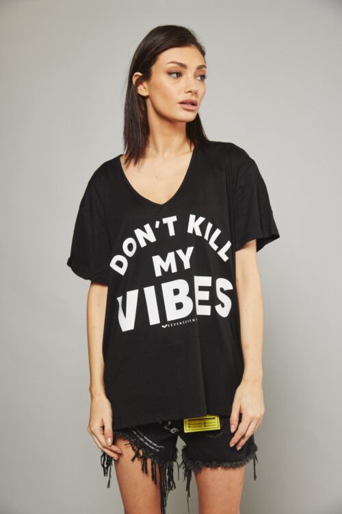Short Sleeve Designed Wide  Black T- Shirt  VIBES