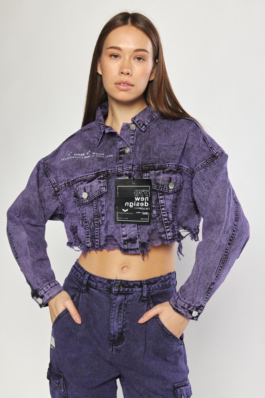 Purple cropped denim jacket best sale