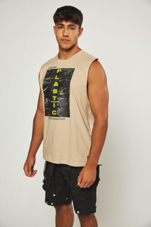 Designed Man Sleeveless Beige Top  PLASTIC