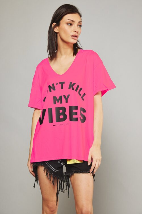 Short Sleeve Designed Wide  Neon Pink T- Shirt  VIBES