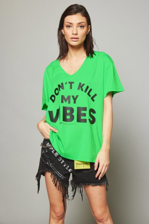 Short Sleeve Designed Wide  Neon Green T- Shirt  VIBES