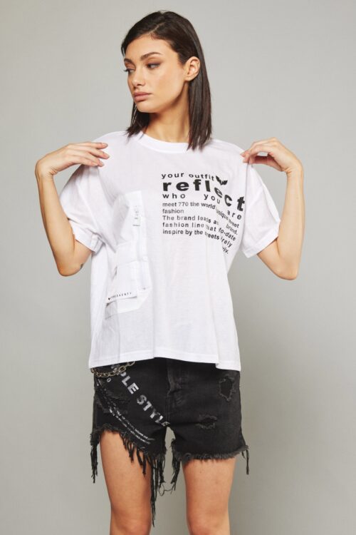 Short Sleeve Designed Wide  White Pocket  T- Shirt  REFLECT
