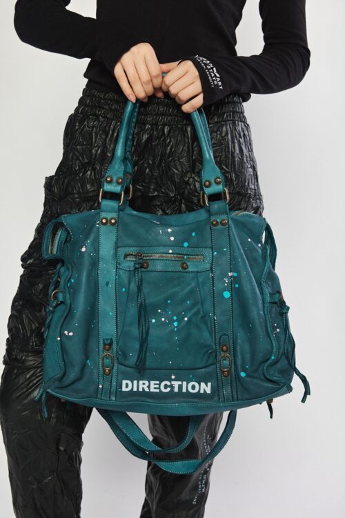 Hand Made Big Turquoise Leather Hand Bag  DIRECTION