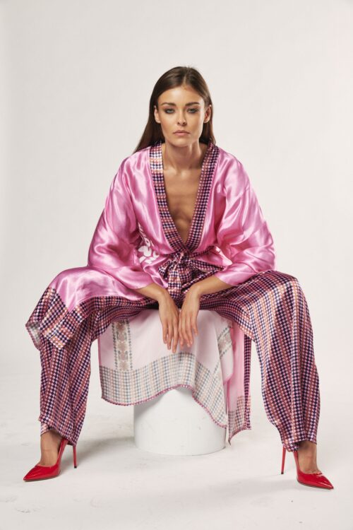 Kimono Pink Colors Satin Jacket and Long Pants Set  SEVEN