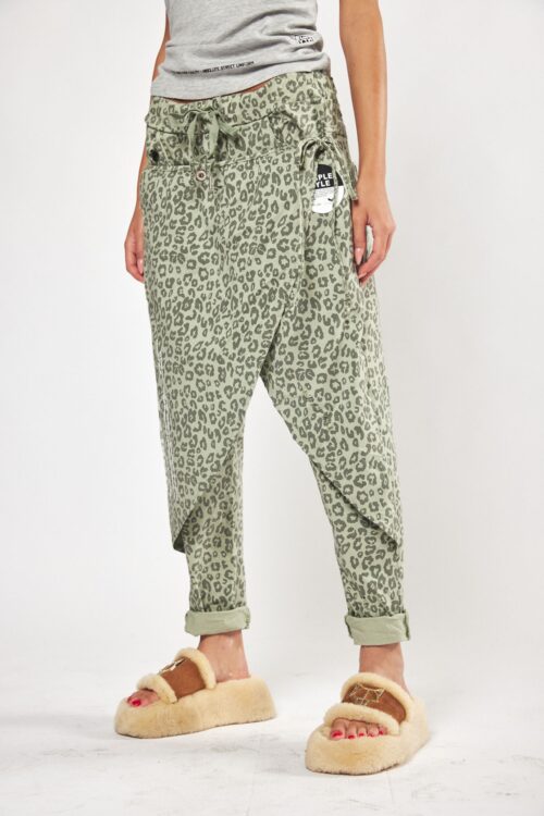 Olive Green Leopard Designed Baggy Jogger Pants  SIMPLE