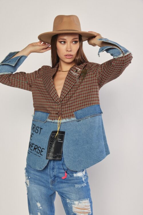 Blue Denim  With Plaid Fabric Blazer Jacket  TRUST