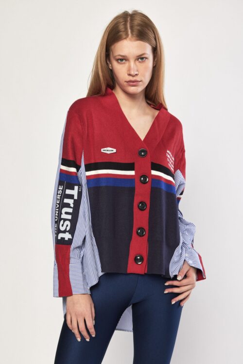 Red Gray And Black Knit and Cotton Top TRUST