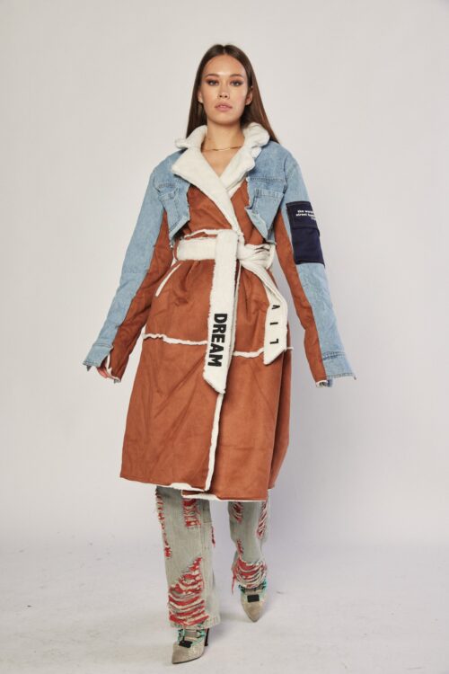  Designed Denim , Faux Leather and Cotton Fur Long Coat  DREAM