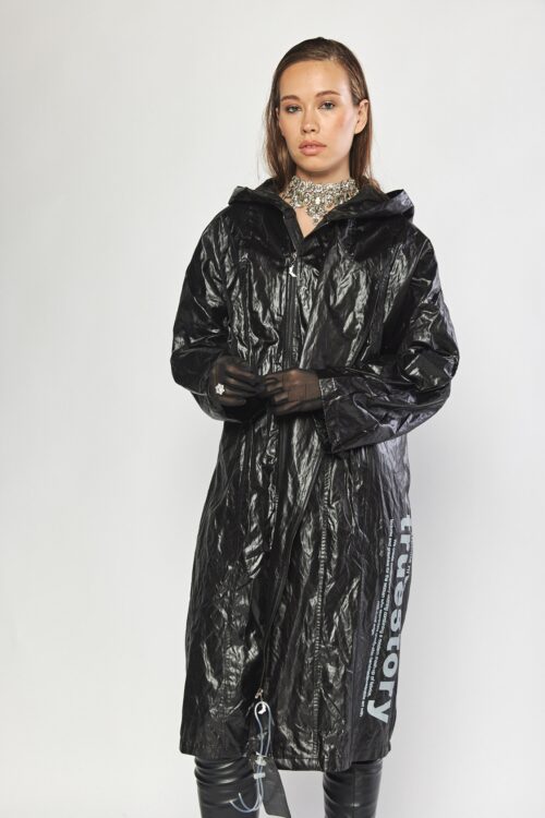 Black Nylon Long Hooded Wind Coat  TRUE STORY