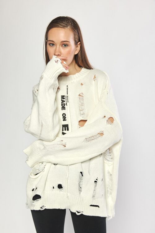 Ivory Destroyed Oversize Long Sleeves Knit Top EARTH