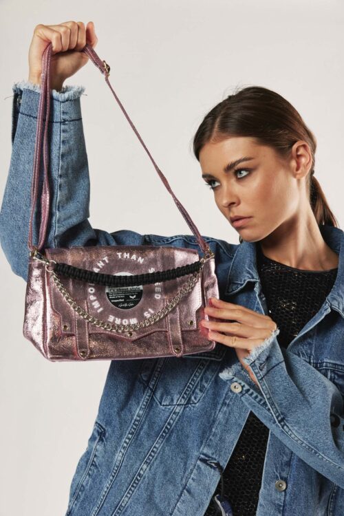 Designed Metallic Pink Leather Small Hand Bag BRAND