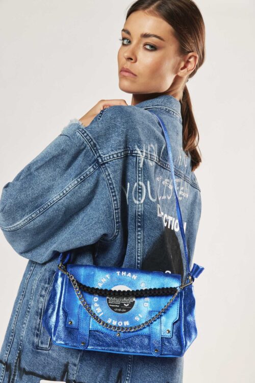 Designed Metallic Blue Leather Small Hand Bag IMPORTANT