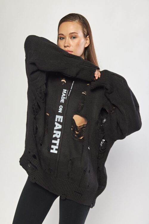 Black Destroyed Oversize Long Sleeves Knit Top EARTH