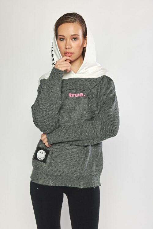Gray And  White Long Sleeves Oversize Knit Top  TRUE