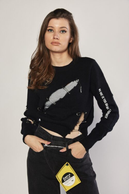Black Destroyed Long Sleeves Knit Top NO ONE