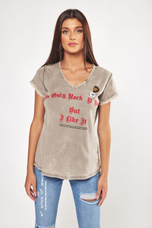  Designed Washed Brown T- Shirt  ROCK