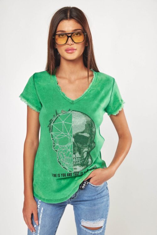  Designed Washed Green T- Shirt  SKULL