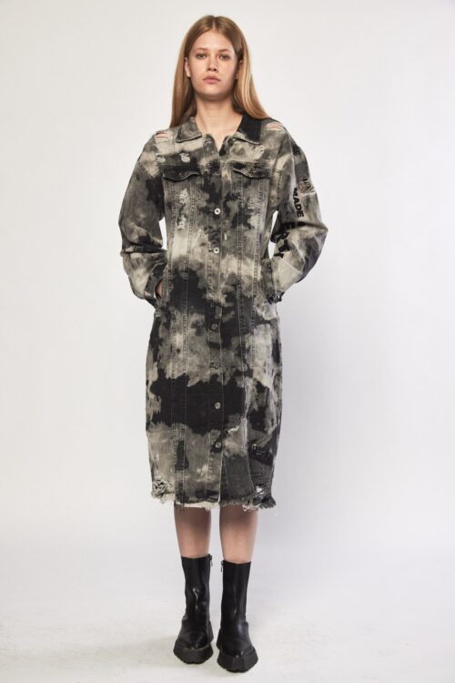 Gray Tie Dye  Army Style Midi Dress Jacket EARTH