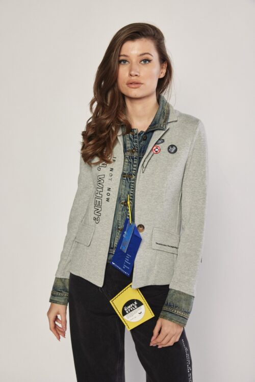 Washed Denim And Gray Pulloover Fabric  Blazer Jacket  WHEN