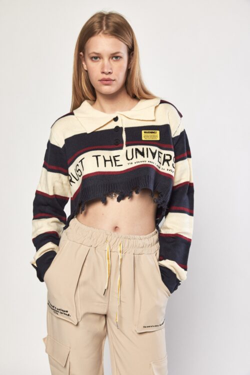 Beige Blue And Red Long Sleeves Knit Crop Top UNIVERSE