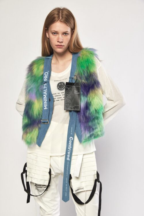 Colorful Faux Fur And Denim Vest Top  MINIMAL
